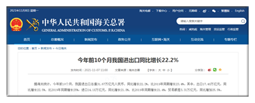 前10个月我国进出口总值31.67万亿元人民币 同比增长22.2%